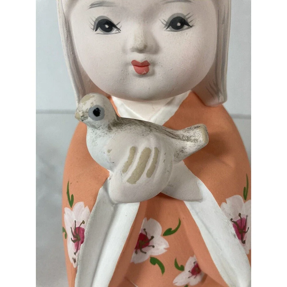 Vtg Japanese Doll Pottery Ornament Girl Hakata Showa Retro Holding Bird Japan